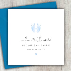 May include: A white card with a blue envelope. The card features blue watercolor footprints, the words "welcome to the world", a name, and a date. A small blue heart is at the bottom.