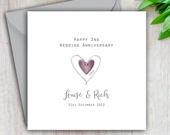 2nd Wedding Anniversary Card Cotton - Personalised & Handmade - Silver Wire Heart for Husband, Wife, Mum, Dad, Friends and Relatives
