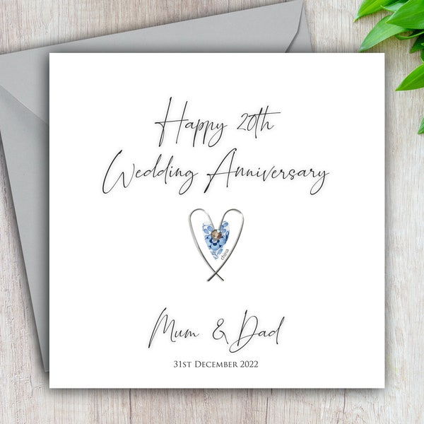 20th Anniversary Card, China Wedding Anniversary, Wire Heart, Happy Twentieth, Card For Him, For Her, Couple, Friends, 20 Years Married