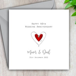 40th Wedding Anniversary Card Ruby - Personalised & Handmade - Silver Wire Heart and gem for Husband, Wife, Mum, Dad, Friends and Relatives