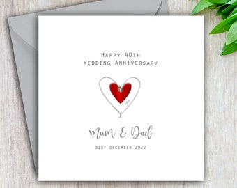 40th Wedding Anniversary Card Ruby - Personalised & Handmade - Silver Wire Heart and gem for Husband, Wife, Mum, Dad, Friends and Relatives