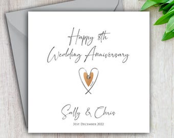8th Anniversary Card, Bronze Wedding Anniversary, Wire Heart, Happy Eighth, Card For Him, For Her, Couple, Friends, 8 Years Married