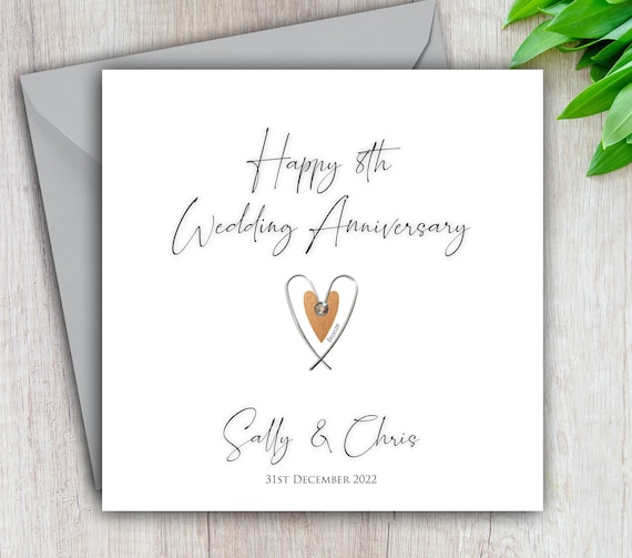 8th Anniversary Card, Bronze Wedding Anniversary, Wire Heart