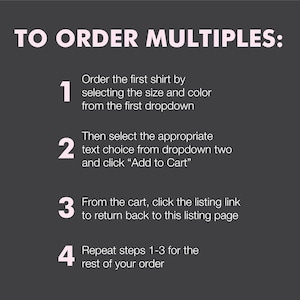 May include: A four-step guide on how to order multiple items. The steps are numbered 1 through 4 and are written in pink text on a dark gray background.