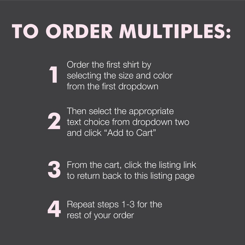 May include: A four-step guide on how to order multiple items. The steps are numbered 1 through 4 and are written in pink text on a dark gray background.