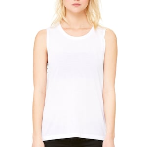 May include: White sleeveless muscle tank top with a relaxed fit. The tank top is made of a soft, comfortable fabric.