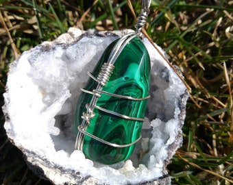 Malachite crystal wire wrap handmade pendant