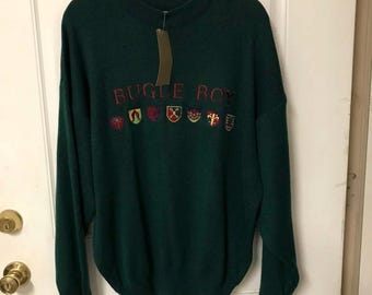 NWT XL Bugle Boy Vintage 80s-90s dark green embroidered coat of arms/logo crewneck pullover sweater