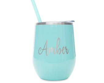 Custom Stemless Wine Tumbler Stainless Steel With Lid and Reusable Straw (12 oz) Personalized Gift