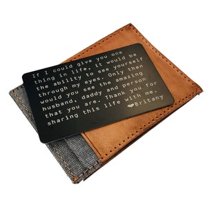 Cartão de aniversário do pai para ele, cartão de inserção de carteira, presente de namorado, cartão de carteira de metal, cartão de carteira personalizado, presente de citação personalizada para ele