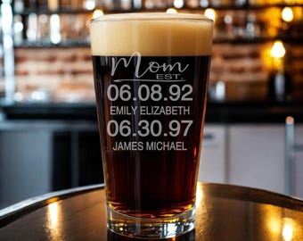 Vaso de cerveza personalizado para mamá, regalo grabado para el Día de la Madre, vaso de pinta con fecha de nacimiento
