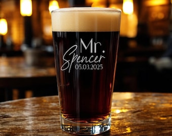 Engraved Mr. and Mrs. Pint Glass Set, Custom Wedding Gift