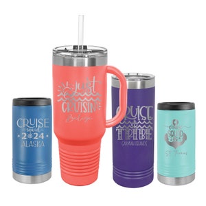 Personalized Vacation Cruise Tumbler Gift Drinkware Skinny Tumbler, Skinny Can Cooler, or Large 40 oz Tumblers