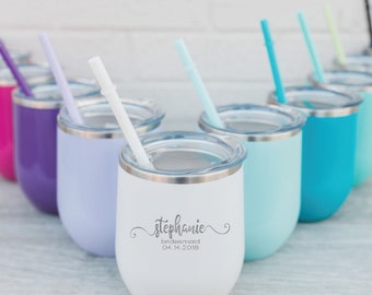 Bridesmaid Gifts Wine Tumbler Personalized Stemless Wine Stainless Steel Bachelorette Gift Multi Color Tumbler With Lid and Reusable Straw