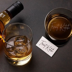Custom Fathers Day Gift Whiskey Glasses with Personalized Handwriting on Whiskey Glass on Bar Quality Glassware 10.5 oz