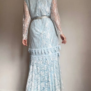 Vintage 70s Doing 20s Light Blue Lace Maxi Dress, Vintage Lace Flapper Maxi Dress, Vintage Lace Evening Dress image 5