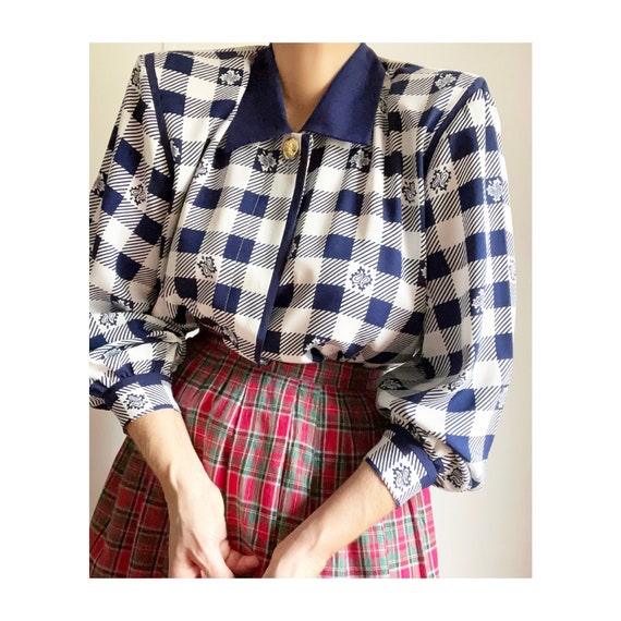 Vintage Gingham Checked Blue White Blouson Colleg… - image 2