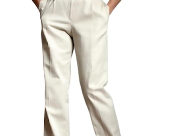 May include: High-waisted cream trousers featuring a structured waistband with a single button closure, belt loops, and front pleats. The pants have a straight-leg cut with a clean, pressed crease down the center of each leg and side pockets.