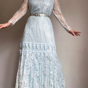 Vintage 70s Doing 20s Light Blue Lace Maxi Dress, Vintage Lace Flapper Maxi Dress, Vintage Lace Evening Dress image 10