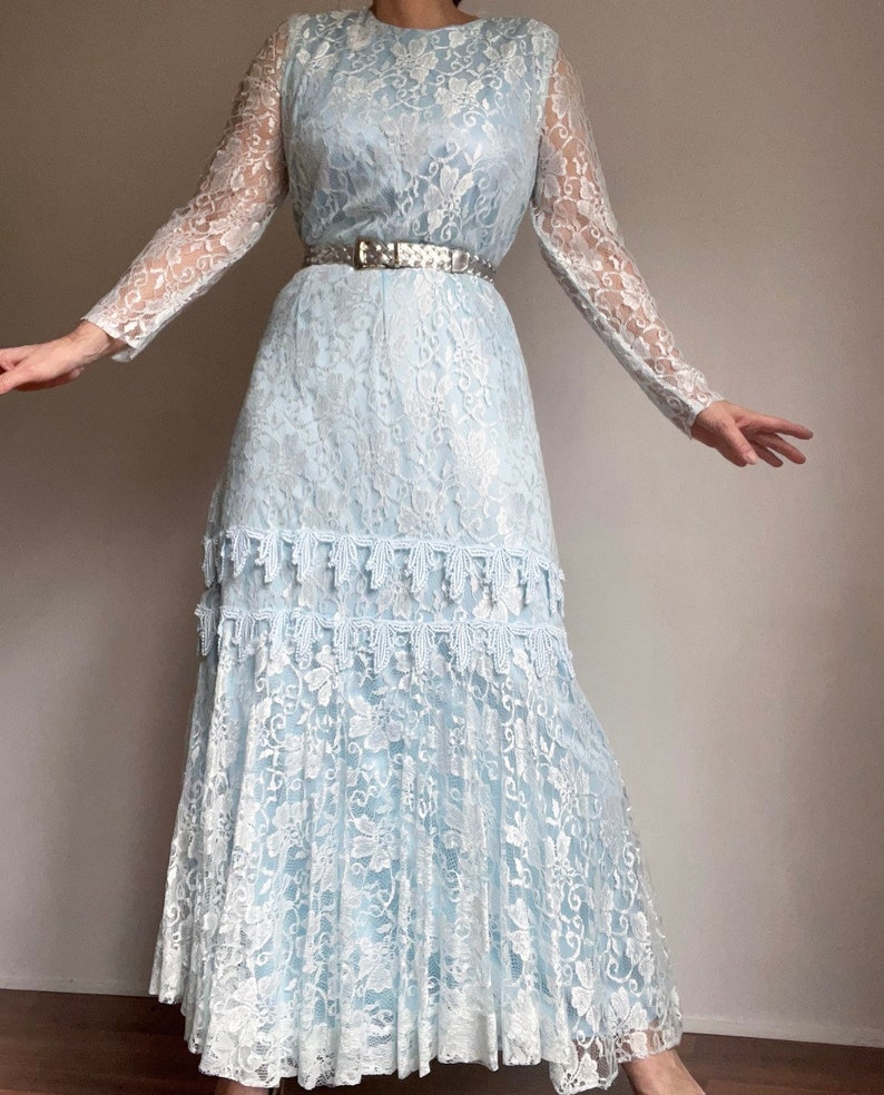 Vintage 70s Doing 20s Light Blue Lace Maxi Dress, Vintage Lace Flapper Maxi Dress, Vintage Lace Evening Dress image 10