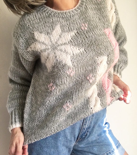 Vintage 80s Fuzzy Warm Knit Pastel Icicle Grey Wh… - image 8