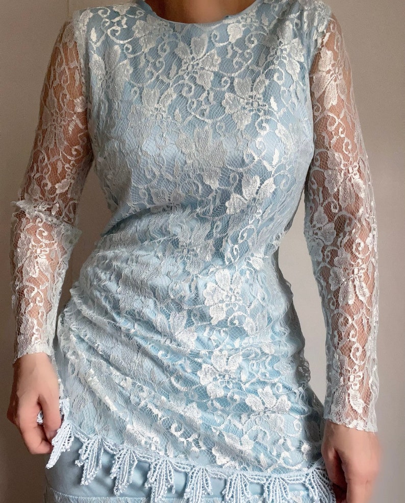 Vintage 70s Doing 20s Light Blue Lace Maxi Dress, Vintage Lace Flapper Maxi Dress, Vintage Lace Evening Dress image 8