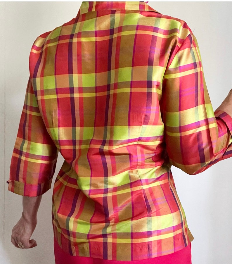 Vintage Pure Silk Checked Blouse, Vintage Silk Psychedelic Plaid Blouse, Vintage Summer Blouse image 6