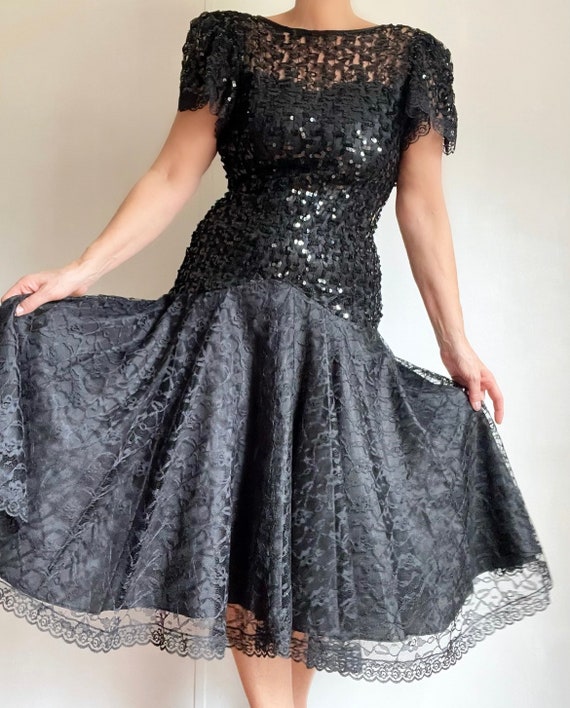 Vintage 80s Black Sequined Bodycon Lace Prom Dres… - image 6