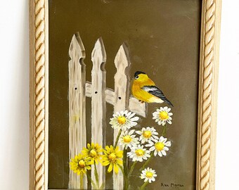 Original Acrylic Vintage Painting 1992 Bird Nature Scene With Bamboo Style Wood Frame