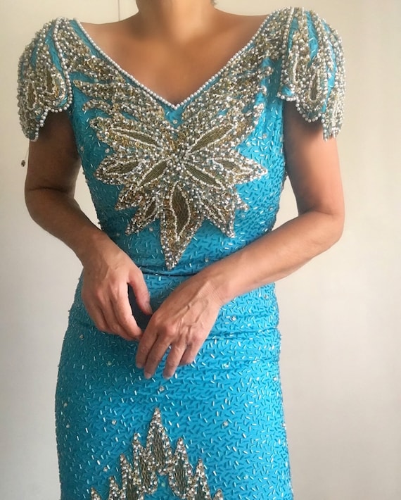 Vintage SHERRI HILL Heavily Beaded Sequined Turqu… - image 1