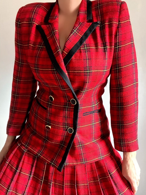 Vintage Red Black Plaid Blazer Pleated Skirt Suit… - image 6