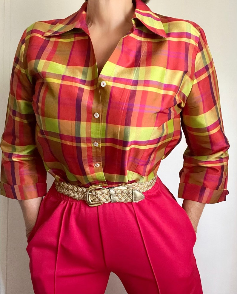 Vintage Pure Silk Checked Blouse, Vintage Silk Psychedelic Plaid Blouse, Vintage Summer Blouse image 8