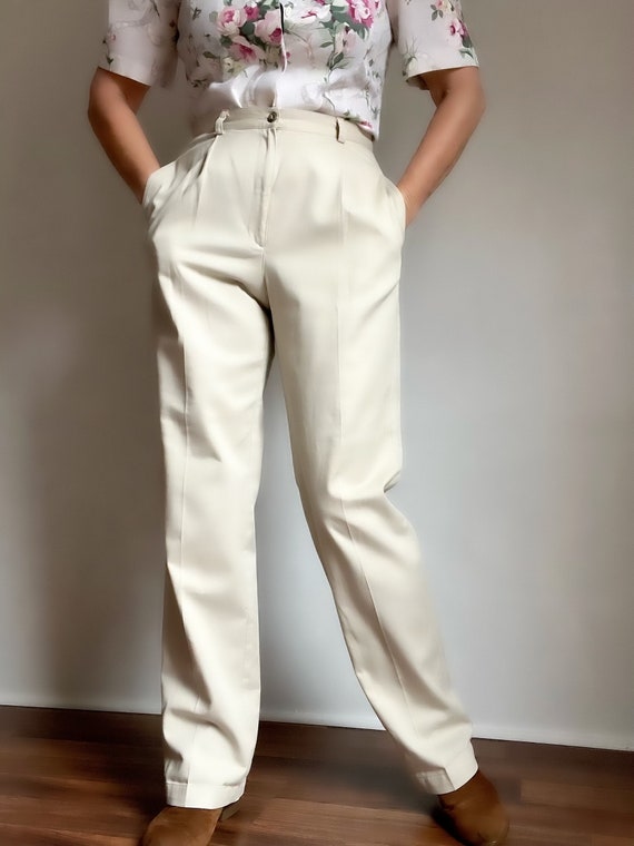 Vintage Highrise Beige Pleated Classic Pants, Vint