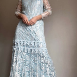 Vintage 70s Doing 20s Light Blue Lace Maxi Dress, Vintage Lace Flapper Maxi Dress, Vintage Lace Evening Dress image 3