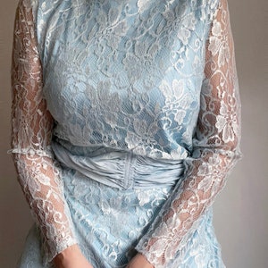 Vintage 70s Doing 20s Light Blue Lace Maxi Dress, Vintage Lace Flapper Maxi Dress, Vintage Lace Evening Dress image 1