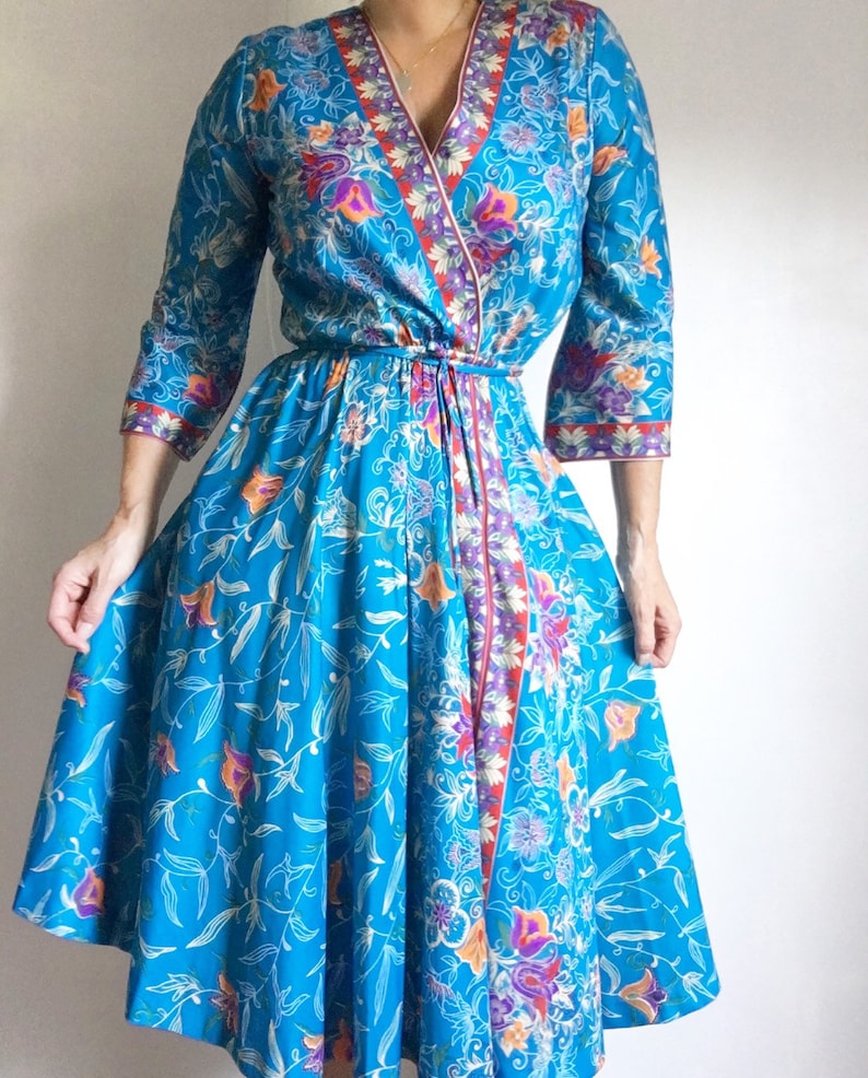 Vintage 70s Gorgeous Colorful Bohemian Day Dress W Matching Belt Montgomery Ward