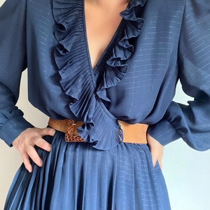 Vintage Midnight Blue Ruffled Pleated Dress, Vintage Lurex Checked Pleated Dress