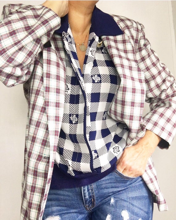 Vintage Gingham Checked Blue White Blouson Colleg… - image 8