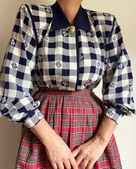 Vintage Gingham Checked Blue White Blouson Colleg… - image 10