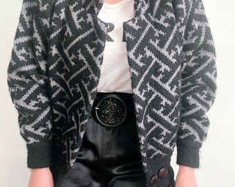 Exclusive Mohair Wool Blend Metallic Cardigan, Vintage 80s Cardigan, Black Silver Cardigan, Vintage 80s Thick Carfigan Jacket