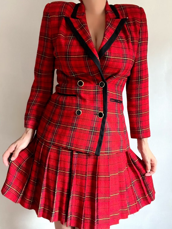 Vintage Red Black Plaid Blazer Pleated Skirt Suit… - image 9