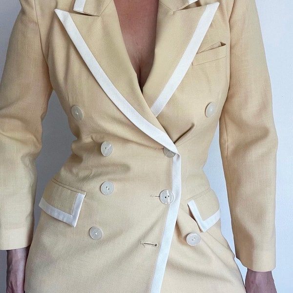 Vintage Double Breasted Classic Pastel Yellow Blazer, Vintage Pastel Yellow Double Breasted Blazer