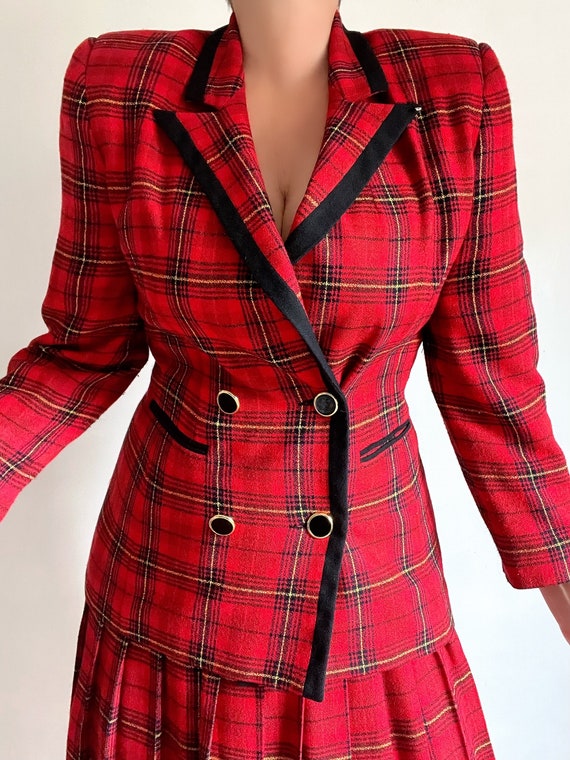 Vintage Red Black Plaid Blazer Pleated Skirt Suit… - image 8