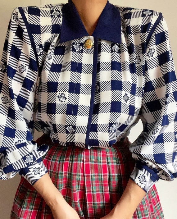 Vintage Gingham Checked Blue White Blouson Colleg… - image 5