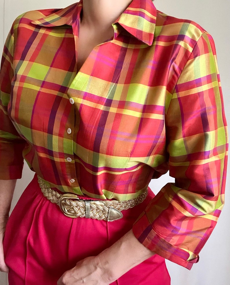 Vintage Pure Silk Checked Blouse, Vintage Silk Psychedelic Plaid Blouse, Vintage Summer Blouse image 9