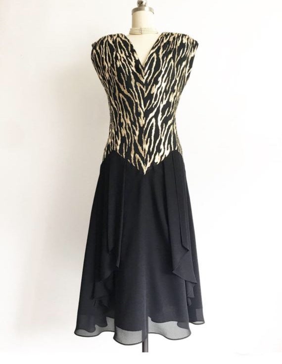 Vintage 80s Black Gold Lurex Chiffon Dress | Vint… - image 4