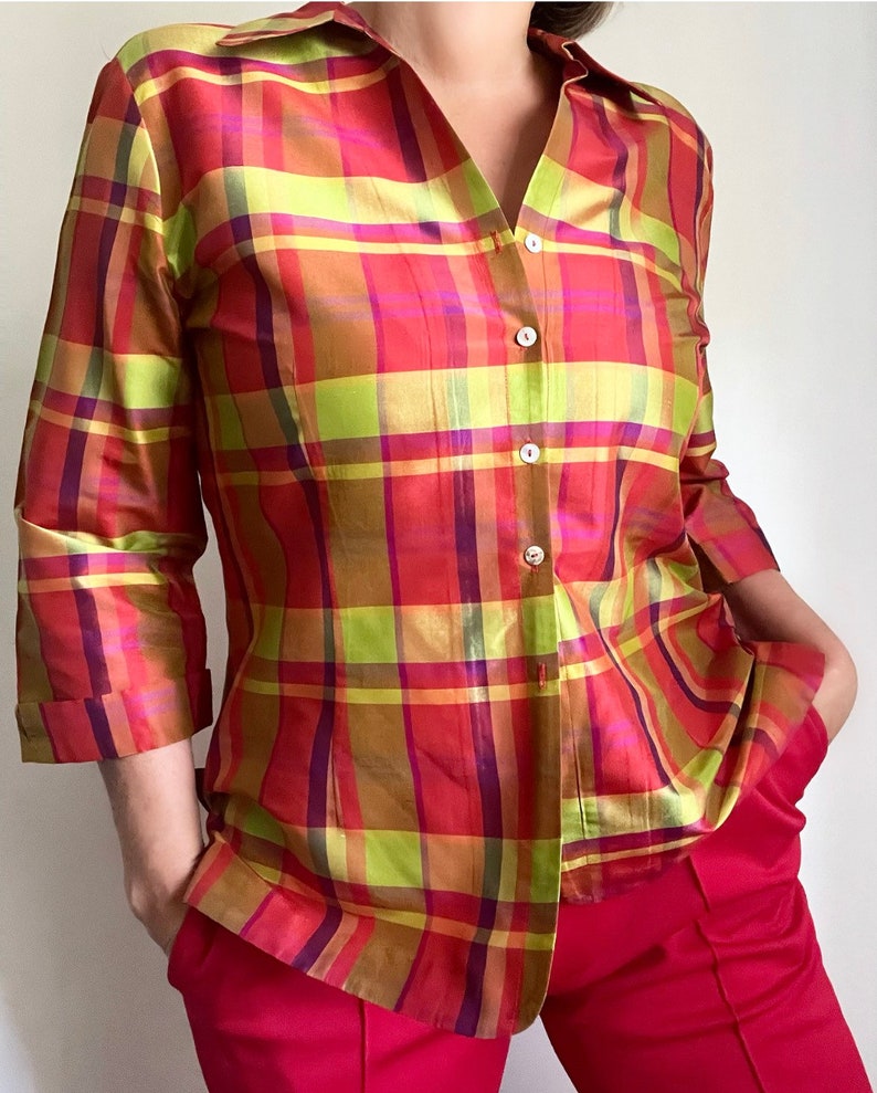 Vintage Pure Silk Checked Blouse, Vintage Silk Psychedelic Plaid Blouse, Vintage Summer Blouse image 1