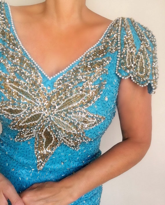 Vintage SHERRI HILL Heavily Beaded Sequined Turqu… - image 6