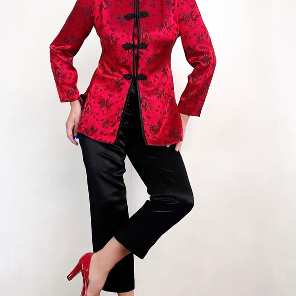 Vintage Satin Asian Print Jacket Pants Ensemble, Vintage Asian Chinese Evening Satin Pant Blazer Suit, Vintage Evening Blazer