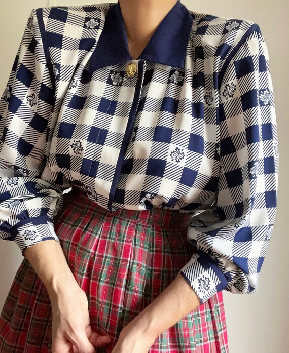 Vintage Gingham Checked Blue White Blouson Colleg… - image 9